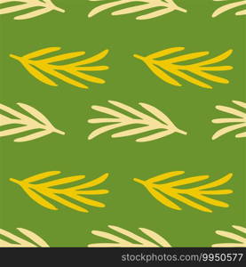 Abstract nature seamless pattern with beige and yellow doodle leaf branches. Green background. Perfect for fabric design, textile print, wrapping, cover. Vector illustration.. Abstract nature seamless pattern with beige and yellow doodle leaf branches. Green background.