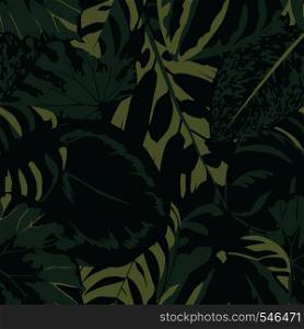 Abstract nature vintage composition dark green leaves seamless floral pattern background. Exotic wallpaper artwork print