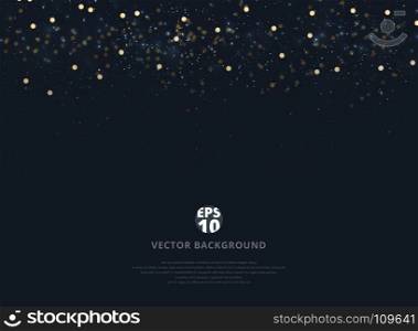 Abstract navy blue blurred background with bokeh and gold glitter header. Copy space. Vector illustration