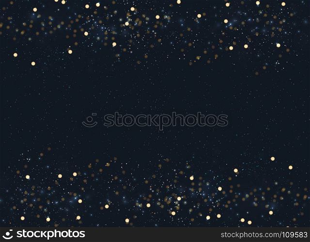 Abstract navy blue blurred background with bokeh and gold glitter header footers. Copy space. Vector illustration