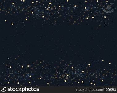 Abstract navy blue blurred background with bokeh and gold glitter header footers. Copy space. Vector illustration