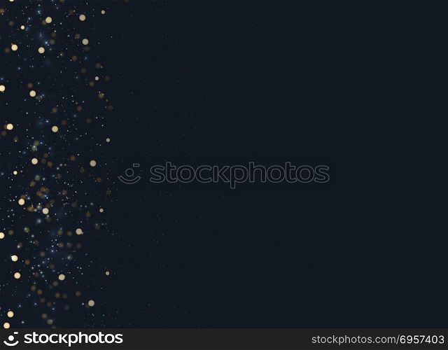 Abstract navy blue blurred background with bokeh and gold glitter left side. Copy space. Vector illustration. Abstract navy blue blurred background with bokeh and gold glitte