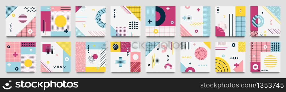 Abstract neo memphis geometric patterns. Geo grid square, color modern geometrical background with lines and dotted pattern vector set. Illustration of collection banner with dotted square background. Abstract neo memphis geometric patterns. Geo grid square, color modern geometrical background with lines and dotted pattern vector set