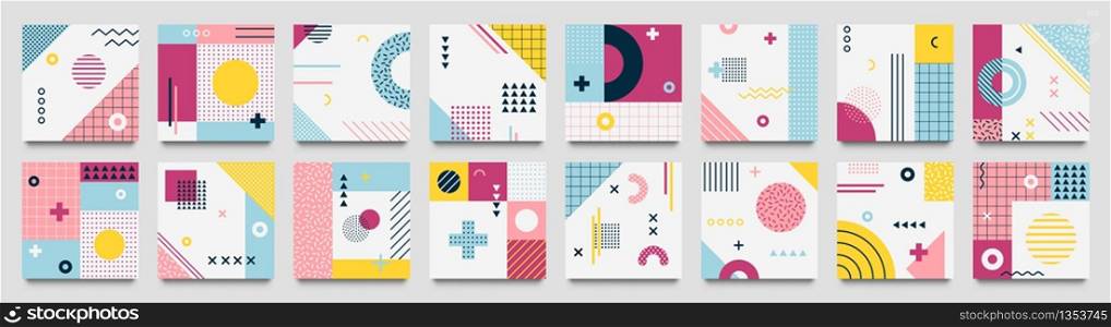 Abstract neo memphis geometric patterns. Geo grid square, color modern geometrical background with lines and dotted pattern vector set. Illustration of collection banner with dotted square background. Abstract neo memphis geometric patterns. Geo grid square, color modern geometrical background with lines and dotted pattern vector set