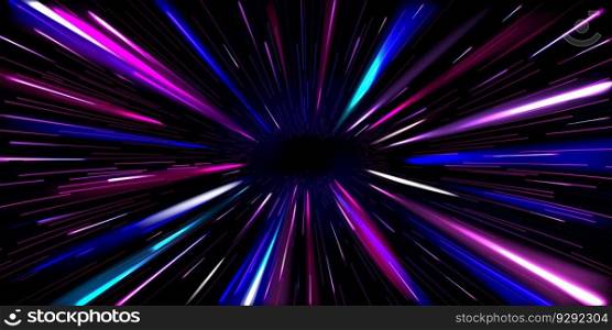 Abstract neon blue and purple light traces. Vector realistic illustration of hyperspace jump into black hole through vibrant tunnel, fast speed motion effect, teleportation through space galaxy. Abstract neon blue and purple light traces
