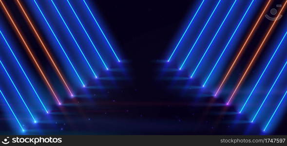 Abstract neon light effect glowing blue and orange diagonal on black background. Vector illustration