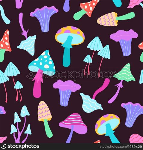 Abstract neon seamless pattern with psychedelic hallucination mushrooms. Trippy print with poison mushroom, amanita and toadstool vector set. Wild bright fictional plants with toxic effect. Abstract neon seamless pattern with psychedelic hallucination mushrooms. Trippy print with poison mushroom, amanita and toadstool vector set