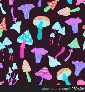 Abstract neon seamless pattern with psychedelic hallucination mushrooms. Trippy print with poison mushroom, amanita and toadstool vector set. Wild bright fictional plants with toxic effect. Abstract neon seamless pattern with psychedelic hallucination mushrooms. Trippy print with poison mushroom, amanita and toadstool vector set