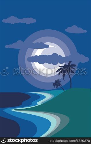 Abstract night seashore and palm trees, minimalism style illustration.