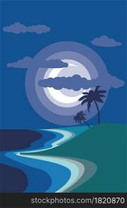 Abstract night seashore and palm trees, minimalism style illustration.