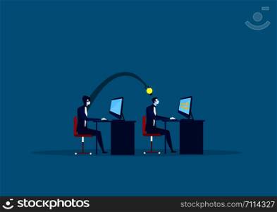 abstract of another hand is stealing idea from businessman at his desk. vector illustration.