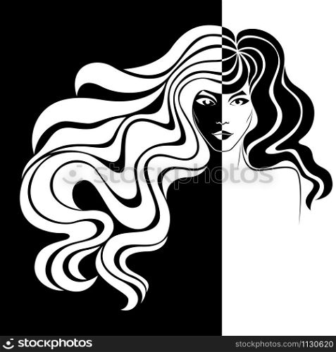 Abstract of beautiful woman&rsquo;s face in negative and positive space, hand drawing illustration, black and white conceptual expression