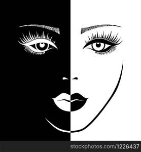 Abstract of charming woman&rsquo;s sensual face in negative and positive space, black and white conceptual expression, hand drawing illustration
