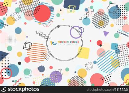 Abstract of modern memphis colorful minimal circle pattern design with copy space of text in center. Decorate for cover, artwork, ad, template design. illustration vector eps10