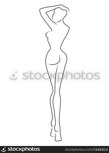 Abstract of the body of charming woman, isolated on the white background, back view, hand drawing outline