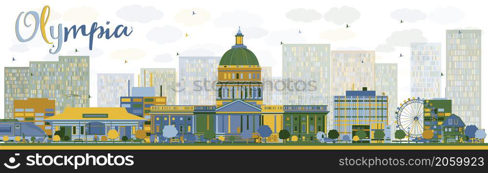 Abstract Olympia (Washington) Skyline with color Buildings. Vector Illustration. Business travel and tourism concept with modern buildings. Image for presentation, banner, placard and web site.