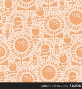 Abstract one-color sunflowers seamless pattern. Vector illustration flower tile motif. Simple silhouette floral rapport inn vintage 60s vibes.