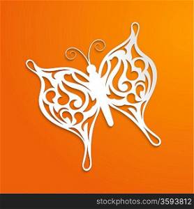 Abstract orange background with a paper butterfly