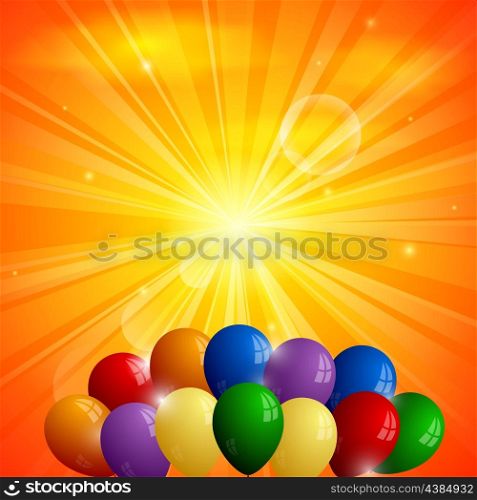 Abstract orange background with sun and balloons