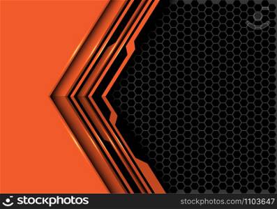 Abstract orange black circuit arrow direction with grey hexagon mesh design modern futuristic technology background vector illustration.