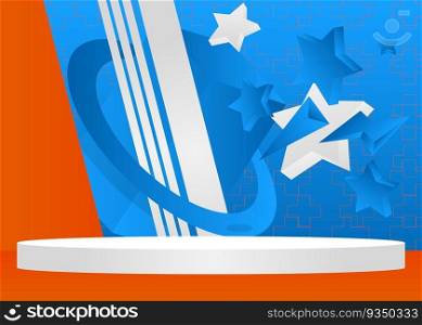 Abstract orange, blue and white cylinder pedestal podium. Mockup stage showcase for presentation. Minimal geometric product display. Vector 3D futuristic Sci-fi forms, empty scene.
