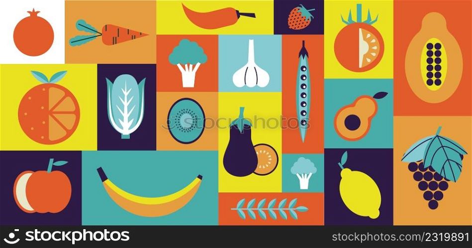 Abstract organic food. Farm vegetables geometric background. Mosaic banner with healthy fruits or berries. Garden harvest. Lettuce or tomato. Vegetarian meal. Ripe apple or pear. Vector minimal poster. Abstract organic food. Farm vegetables geometric background. Mosaic banner with fruits or berries. Garden harvest. Lettuce or tomato. Vegetarian meal. Apple or pear. Vector minimal poster