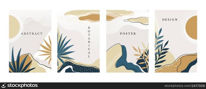 Abstract organic posters. Minimalistic trendy banners with leaves and flowers. Palm branches. Curve spots and lines. Tropical paradise landscape. Sun and rocks. Vector isolated botanical covers set. Abstract organic posters. Minimalistic banners with leaves and flowers. Palm branches. Curve spots and lines. Tropical paradise landscape. Sun and rocks. Vector botanical covers set