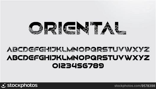 Abstract oriental alphabet font and number. Orient ocean waves pattern stylized for logotype and typography. Vector illustration.