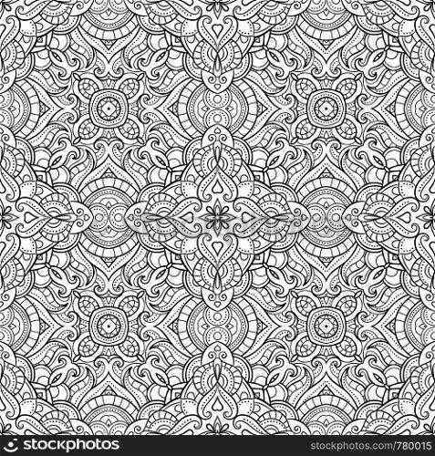 Abstract ornamental seamless pattern, ethnic print, black and white, kaleidoscope, mandala. Texture for wallpapers, fabric, wrap, web page backgrounds, vector illustration