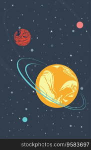 Abstract outer space with stars and planets, retro style illustration.