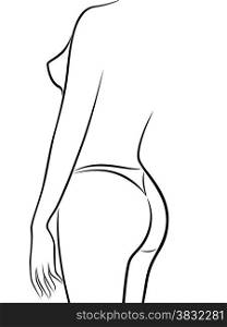 Abstract outline female body half turn back in bikini, black over white hand drawing vector artwork