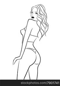 Abstract outline female stands half turn back in bikini, black over white hand drawing vector artwork
