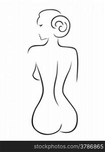 Abstract outline of a sexy woman sitting back, black over white hand drawing sketching vector artwork