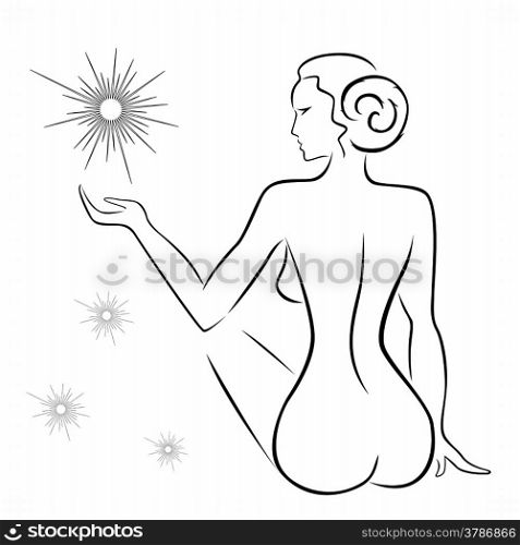 Abstract outline of a sexy woman sitting back with stars, black over white hand drawing sketching vector artwork