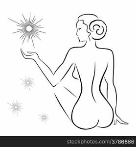 Abstract outline of a sexy woman sitting back with stars, black over white hand drawing sketching vector artwork