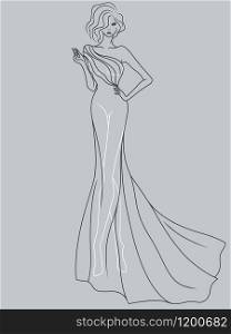 Abstract outline of charming and elegant lady in a sophisticated evening gown design isolated on the muted blue gray background