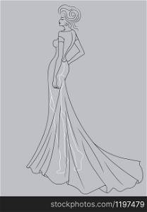 Abstract outline of charming and graceful lady in a sophisticated evening gown design isolated on the muted blue gray background