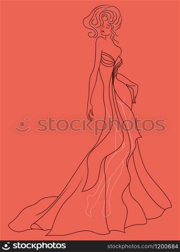 Abstract outline of charming and sensual lady in a sophisticated evening gown design isolated on the muted pink background