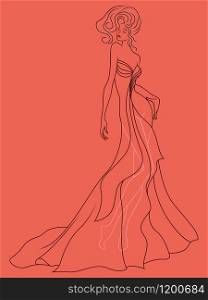 Abstract outline of charming and sensual lady in a sophisticated evening gown design isolated on the muted pink background