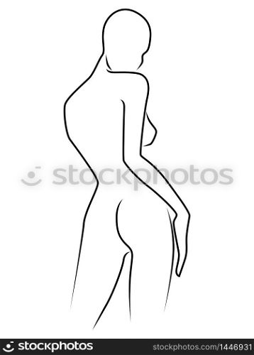 Abstract outline of charming woman, isolated on the white background, back view, hand drawing outline