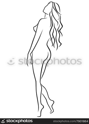 Abstract outline of female half turn back, black over white hand drawing vector artwork