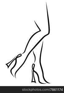 Abstract outline of graceful women legs in stylish footwear, black over white vector sketching artwork