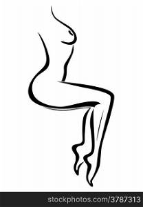 Abstract outline of sexy sitting woman body, black over white hand drawing sketching vector artwork