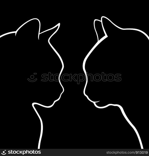 Abstract outline of two cat muzzles, black stencil on the white background, vector hand drawing