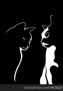 Abstract outline of two cats, black stencil on the white background, vector hand drawing