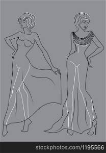 Abstract outline of two elegant and charming ladies in fashionable clothes isolated on the muted blue gray background