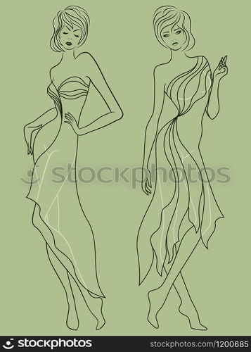 Abstract outline of two elegant and stylish ladies in fashionable clothes isolated on the muted green background