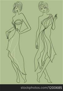 Abstract outline of two elegant and stylish ladies in fashionable clothes isolated on the muted green background