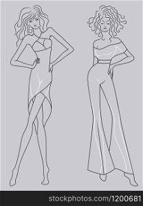 Abstract outline of two graceful and stylish ladies in fashionable clothes isolated on the muted blue gray background