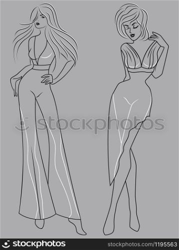 Abstract outline of two graceful ladies in fashionable clothes isolated on the muted blue gray background